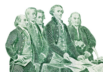 Isolated macro of colonial leaders presenting the Declaration of Independence to Congress. Cut out from the back of the US two dollar bill. - obrazy, fototapety, plakaty