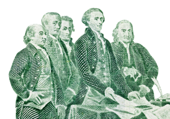 Isolated macro of colonial leaders presenting the Declaration of Independence to Congress. Cut out from the back of the US two dollar bill.