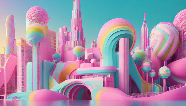 futuristic city in pastel colors in sweet bubblegum colors
