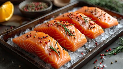 Perfectly salmon fillets. frozen food seafood.