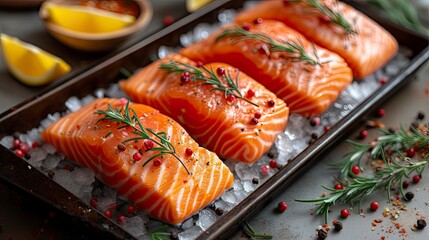 Perfectly salmon fillets. frozen food seafood.