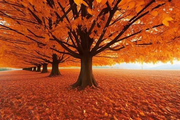Photo sur Aluminium Rouge 2 Autumnal trees in the park at sunset, closeup of photo
