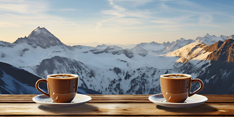 Single tea or coffee mug and landscape of mountains on background. cup of hot drink with snowly look ,Coffee mountains on table,