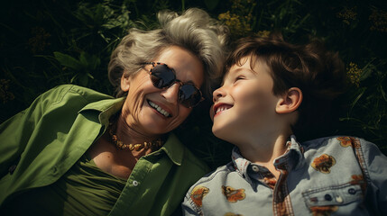 Grandmother and grandson relax in nature among flowers