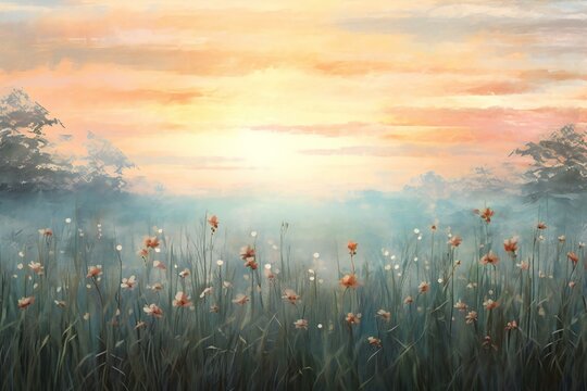 Beautiful meadow with wild flowers at sunset,  Digital painting