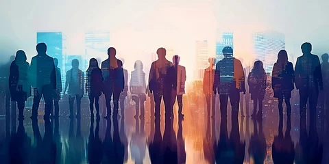 Fotobehang People and network, silhouette of people looking at a city to learn more about business, digital mixed media. ai generated © STUDIO.no.3
