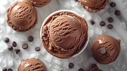 Delicious chocolate ice cream with ice cubes and choco chips, sweet dessert background.