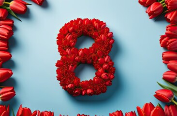 The number eight is lined with red flowers, tulips of the same color around the perimeter, pale blue background, banner, top view