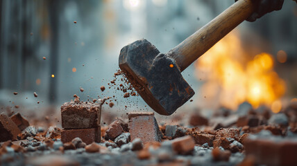 Close-up of a sledgehammer breaking a wall - obrazy, fototapety, plakaty