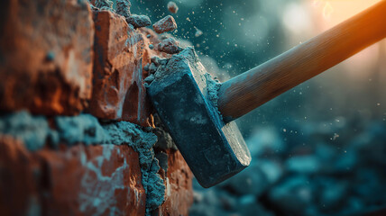 Close-up of a sledgehammer breaking a wall - obrazy, fototapety, plakaty