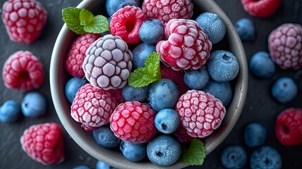 Frozen Berry Medley: Strawberries, Blueberries, frozen berries background.