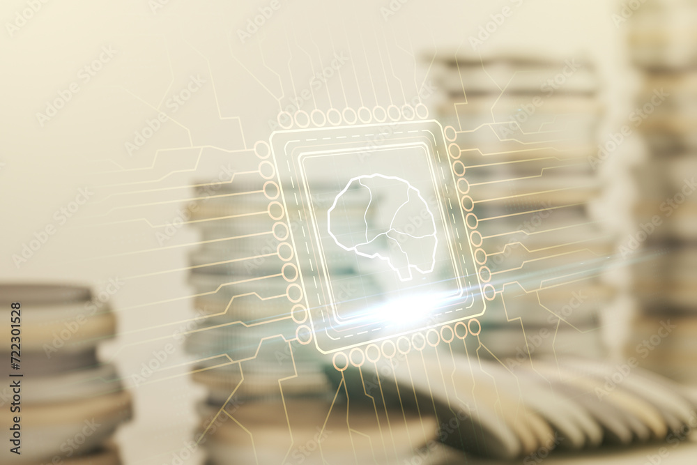 Aufkleber virtual creative artificial intelligence hologram with human brain sketch on coins background. doubl