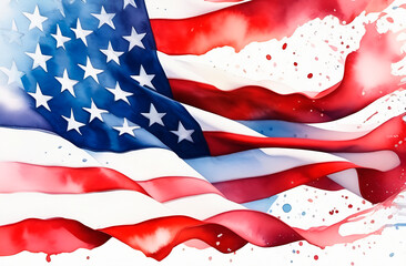 American flag, watercolor image with splashes, white background