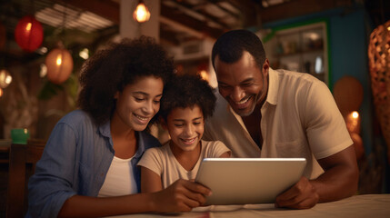 A multicultural family happily learning through a digital tablet,  exploring educational apps together