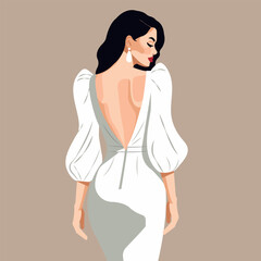 Vector flat faceless illustration of a beautiful woman in a stylish backless dress. Back view.
