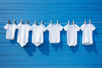 Baby white onesies, t-shirts, clothes hanging on a rope on a blue wooden background, copy space
