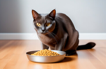 Burmese chocolate cat sits next to a bowl of dry food