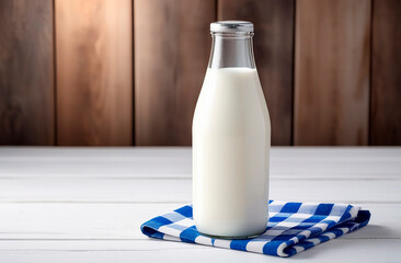 Glass bottle full of fresh milk on a checkered towel, white wooden table with wooden background, healthy eating concept