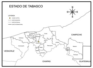 Map of the State of Tabasco with political division, in Mexico