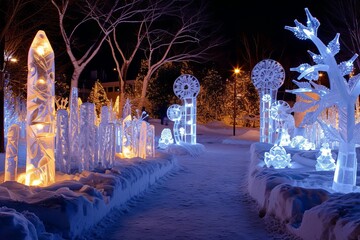 Magical winter wonderland with illuminated ice sculptures