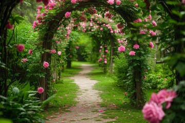 Secret garden with hidden pathways and blossoming flowers