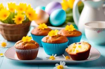 Easter muffins decorated with flowers and colored easter eggs on a table, bright kitchen, Easter cooking concept