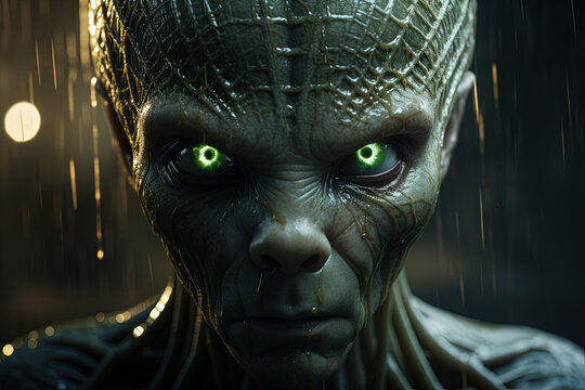 The intense gaze of an extraterrestrial being is captured amidst a backdrop of glittering interstellar rain, highlighting the mysterious and possibly profound intelligence contained within.