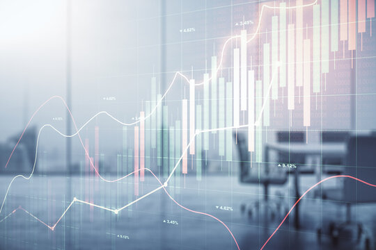 Double exposure of abstract creative financial chart hologram on a modern meeting room background, research and strategy concept