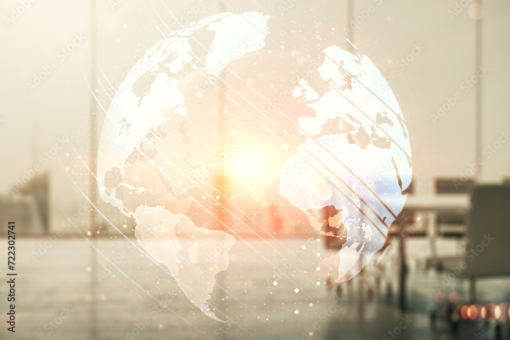 Poster multi exposure of abstract creative digital world map hologram on a modern meeting room background, 