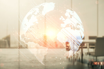 Multi exposure of abstract creative digital world map hologram on a modern meeting room background, research and analytics concept