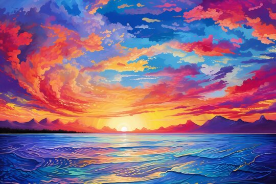 Beautiful sunset over the sea, Oil painting on canvas © Urban