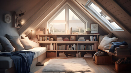 Sun-Kissed Attic Oasis with Comforting Reading Space AI-Generative