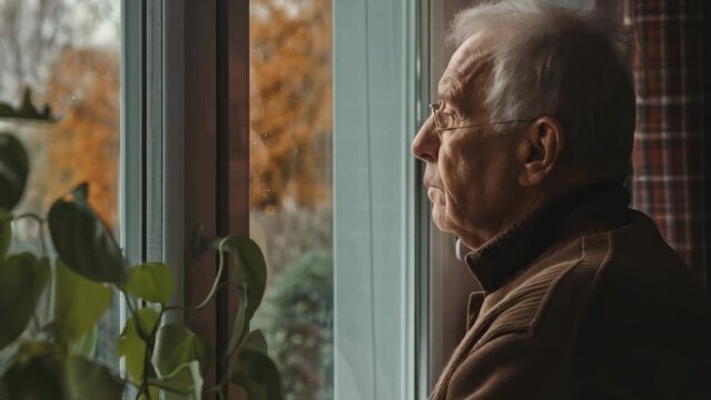 Sad depressed old man looking at window. Alone pensioner at retirement house. Lonely sad elderly person. Senior grandfather thinking about his life. Aged upset grandpa sit at home.