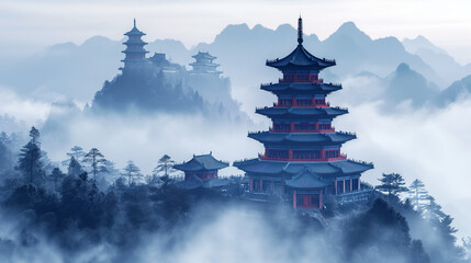 buddhist temple in the fog