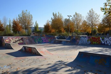 Dynamic urban skatepark with artistic graffiti and half pipes