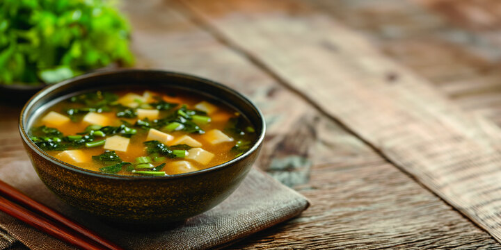 traditional japanese miso soup with tofu and spring onions, hot and tasty, free copy space for text