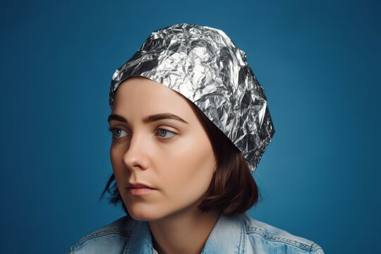 Woman tinfoil hat. Beautiful and extravagant person with strange headcloth. Generate AI