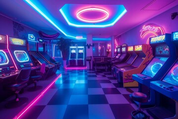 Modern cyber arcade with virtual reality challenges and neon ambiance