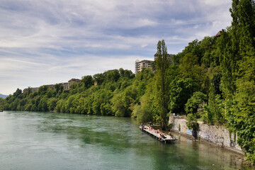 Geneva, Switzerland, Europe - The Pontoon - popular students leisure place on Rhone river,...