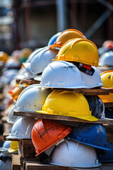 Stack of Safety helmets, white blue and yellow helmets in construction site. for safety accident stack on floor at workplace in construction site building background. industry and construction concept - obrazy, fototapety, plakaty