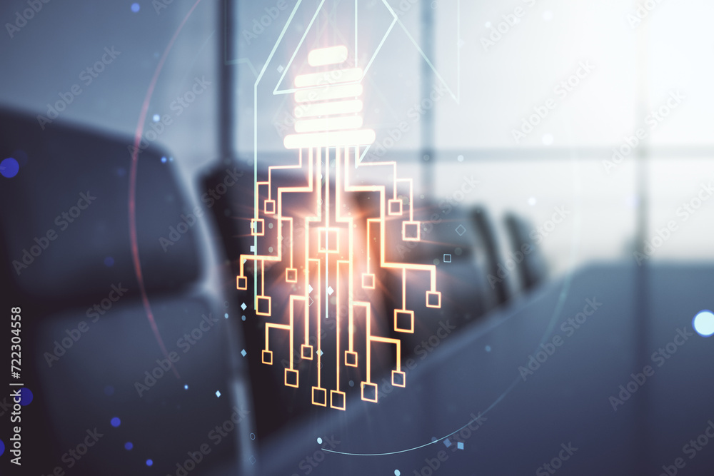 Poster virtual creative light bulb with chip hologram on a modern boardroom background, artificial intellig