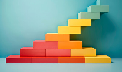 Minimalist brightly coloured, abstract steps background. Surreal ladders for product display mockup, trendy Architectural block background