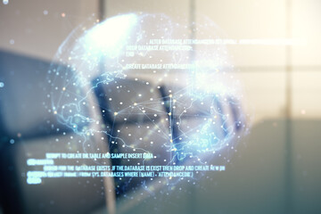 Abstract virtual coding concept and world map hologram on a modern conference room background. Multiexposure