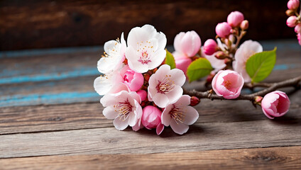 blossoms flowering branch on wooden background.