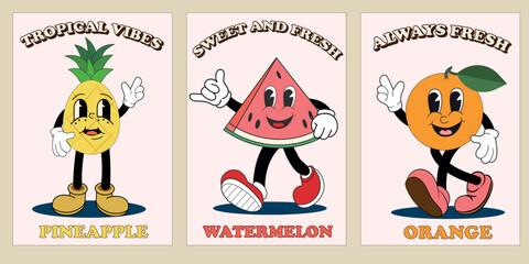 Retro groovy fruit character. Retro groovy summer posters set. Cartoon summer 60s, 70s stickers, stamps or patches. Vintage fresh fruit mascot. Trendy retro style. 