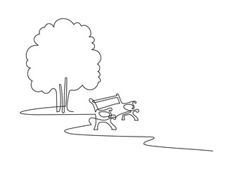 Wooden bench on a path in a garden or park. A place to relax in nature. Continuous line drawing illustration. - 722305558