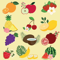 Set  colorful fruits and berries. Natural tropical fruits. Apple, peach, strawberry, banana, pomegranate, pineapple, pear, orange, strawberry, grape, cherry. Organic, vegan food illustration