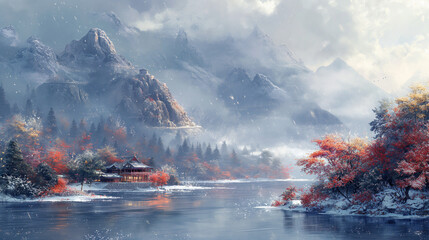 asia temple next to a lake