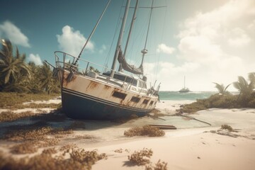 Fototapeta premium Sailing boat destroyed after marine storm. Battered yacht hurricane wreckage on beach. Generate ai