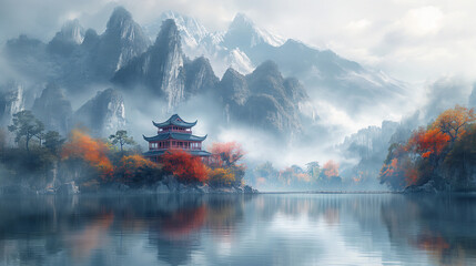 asia temple next to a lake